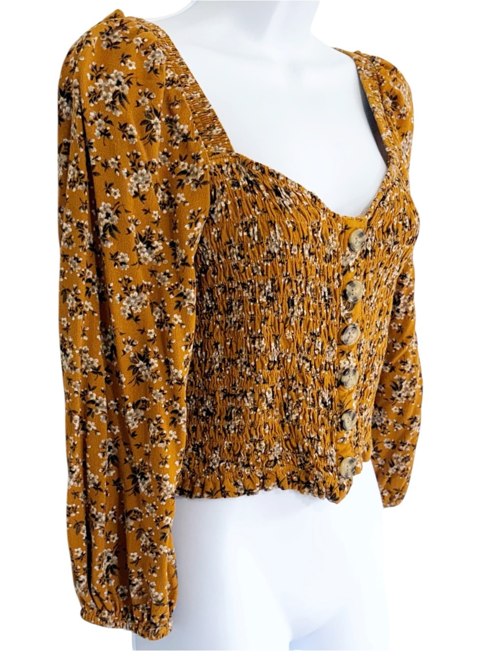 AMERICAN EAGLE Mustard Floral Smocked Button Front Cropped Blouse Medium - Picture 2 of 8
